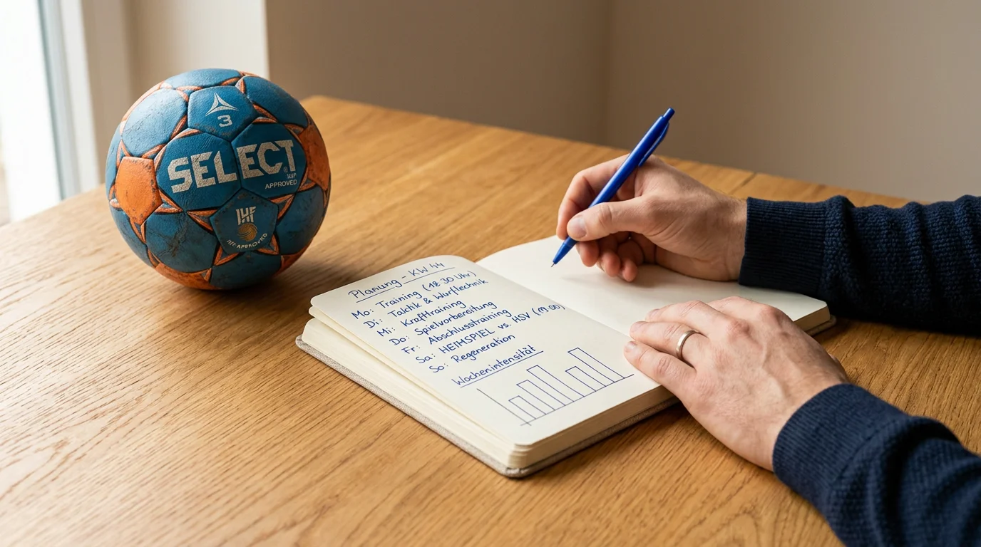 Person plant ein Wettbudget mit Notizbuch und Stift neben einem Handball