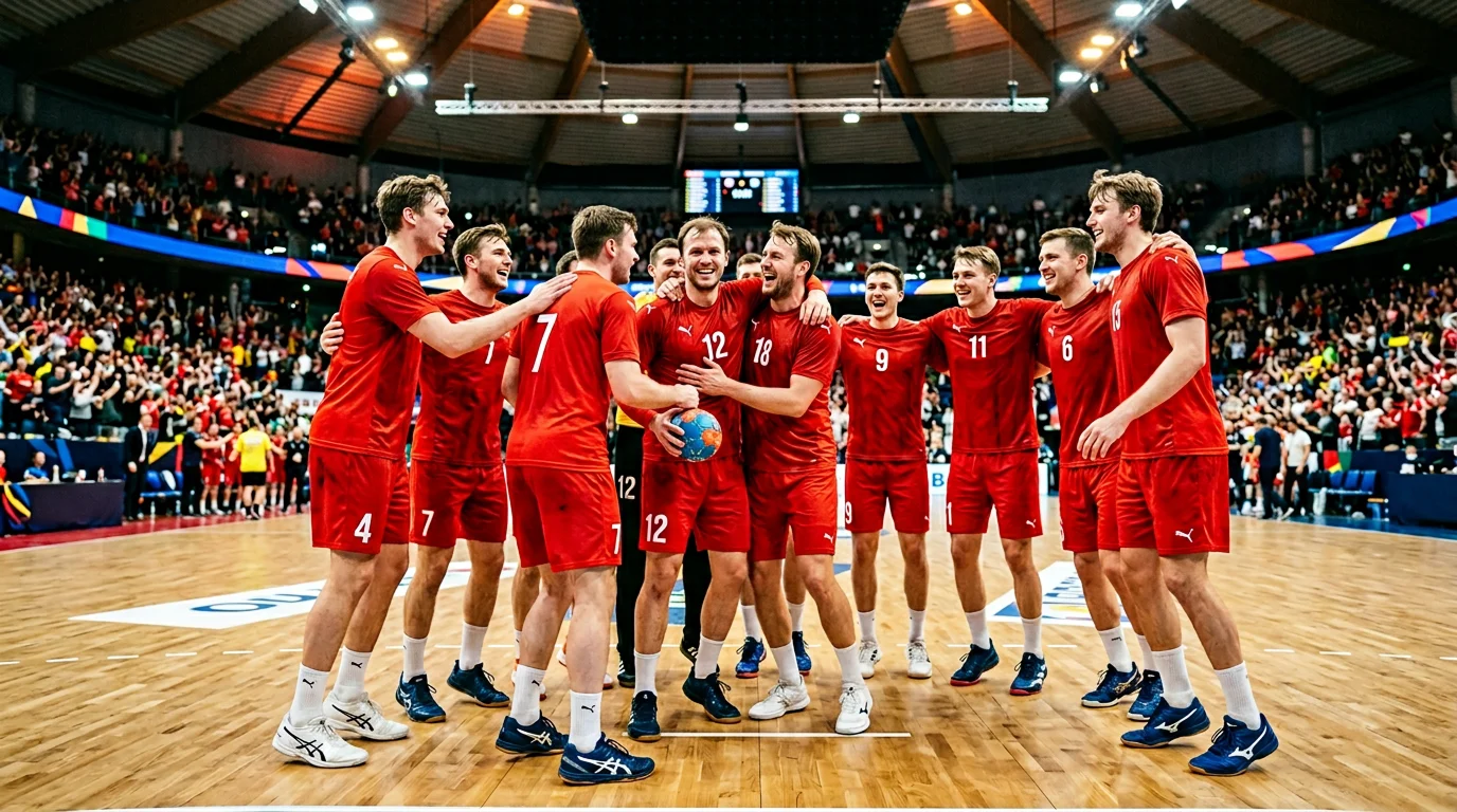 Dänische Handballspieler in roten Trikots feiern gemeinsam nach einem Sieg
