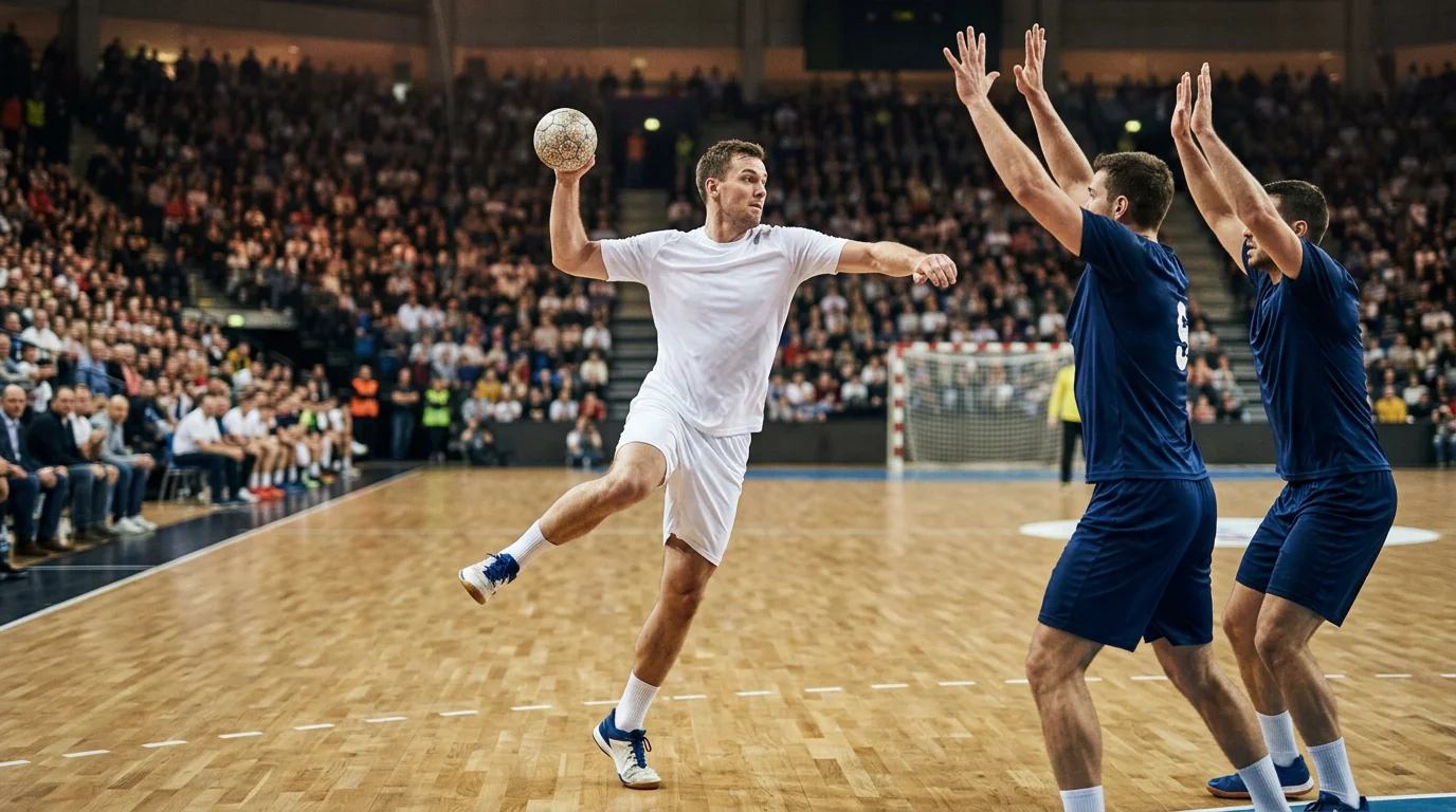 Deutsche Handballspieler in weißen Trikots beim Angriff während eines EM-Spiels