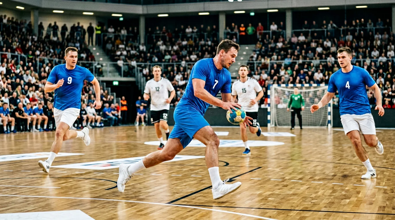 Französische Handballspieler in blauen Trikots im Angriffsspiel vor jubelnden Fans