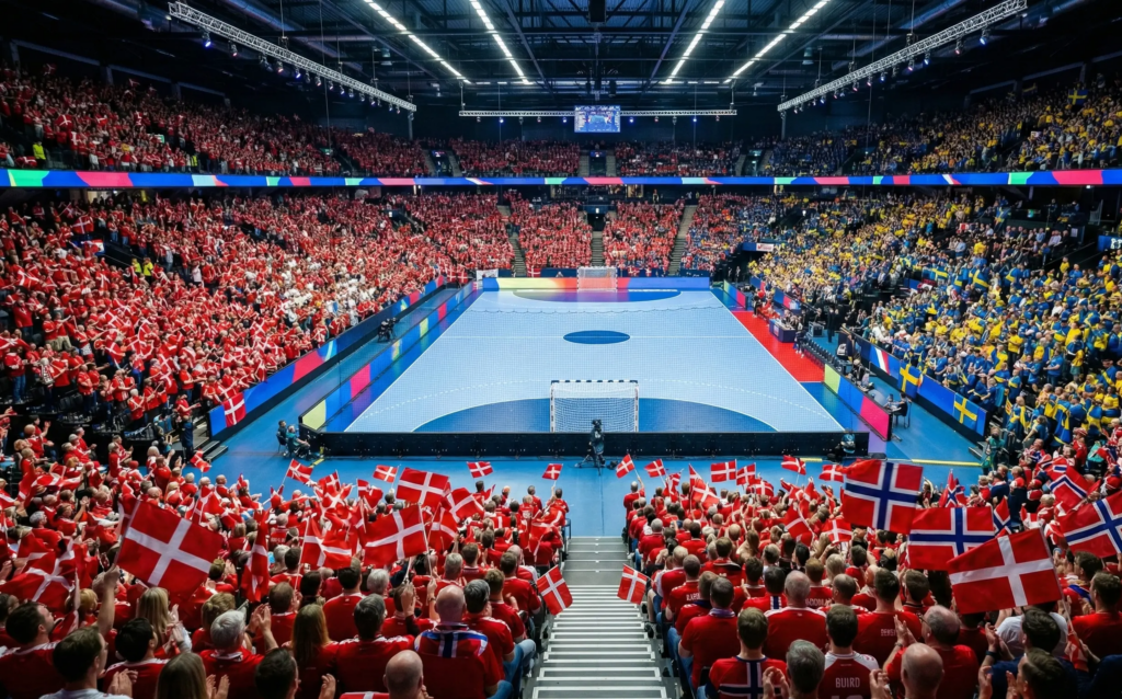 Moderne Handballarena in Skandinavien mit begeisterten Zuschauern auf den Rängen