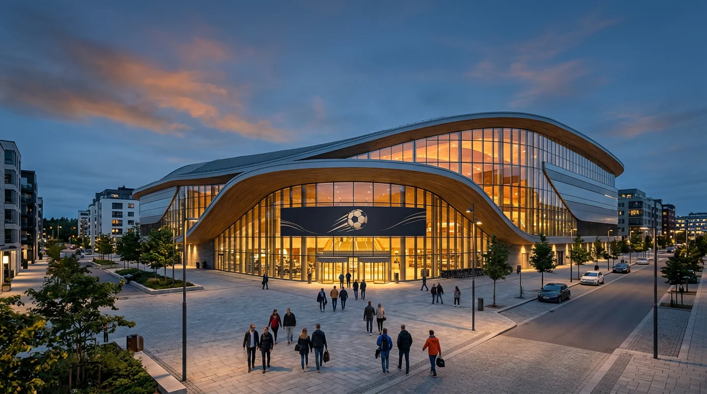 Außenansicht einer modernen Handball-Arena in Skandinavien bei Abendbeleuchtung
