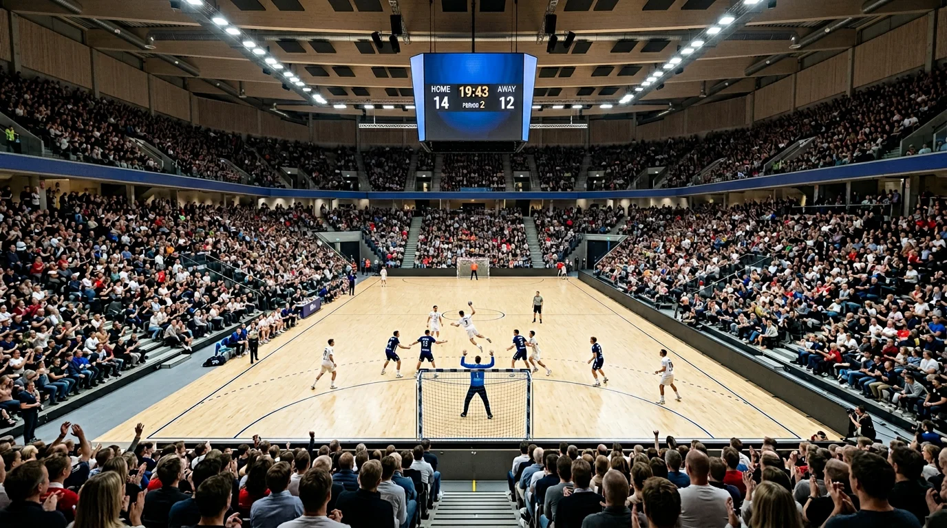 Blick in eine große Handball-Arena in Skandinavien mit Zuschauern und Spielfeld