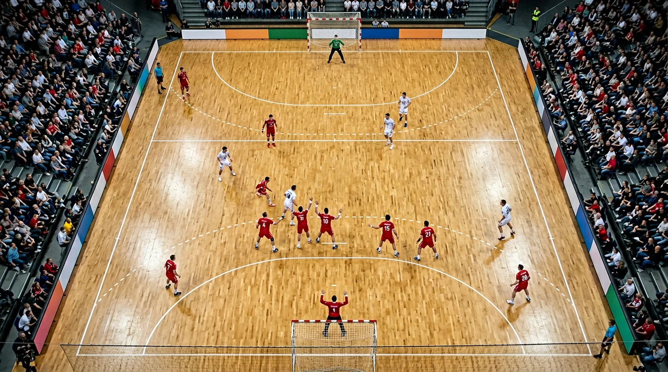 Handball-Spielfeld von oben mit Mannschaften in Aufstellung vor dem Anpfiff