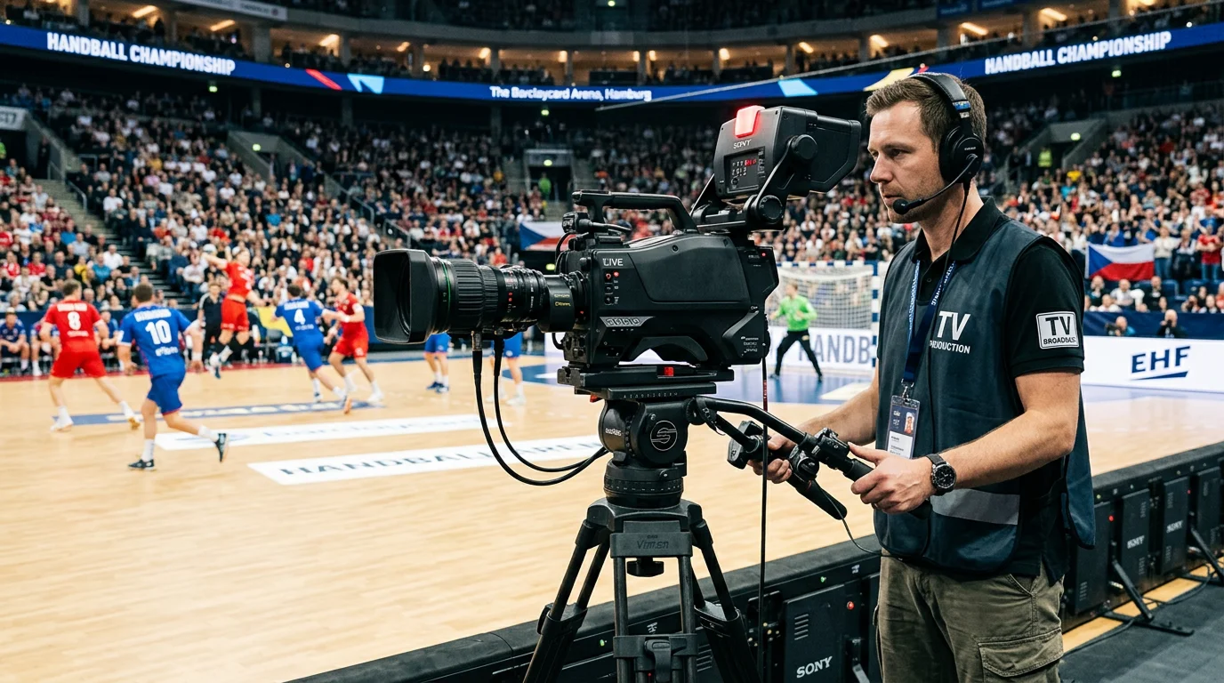 Fernsehkamera filmt ein Handball-Spiel in einer voll besetzten Halle