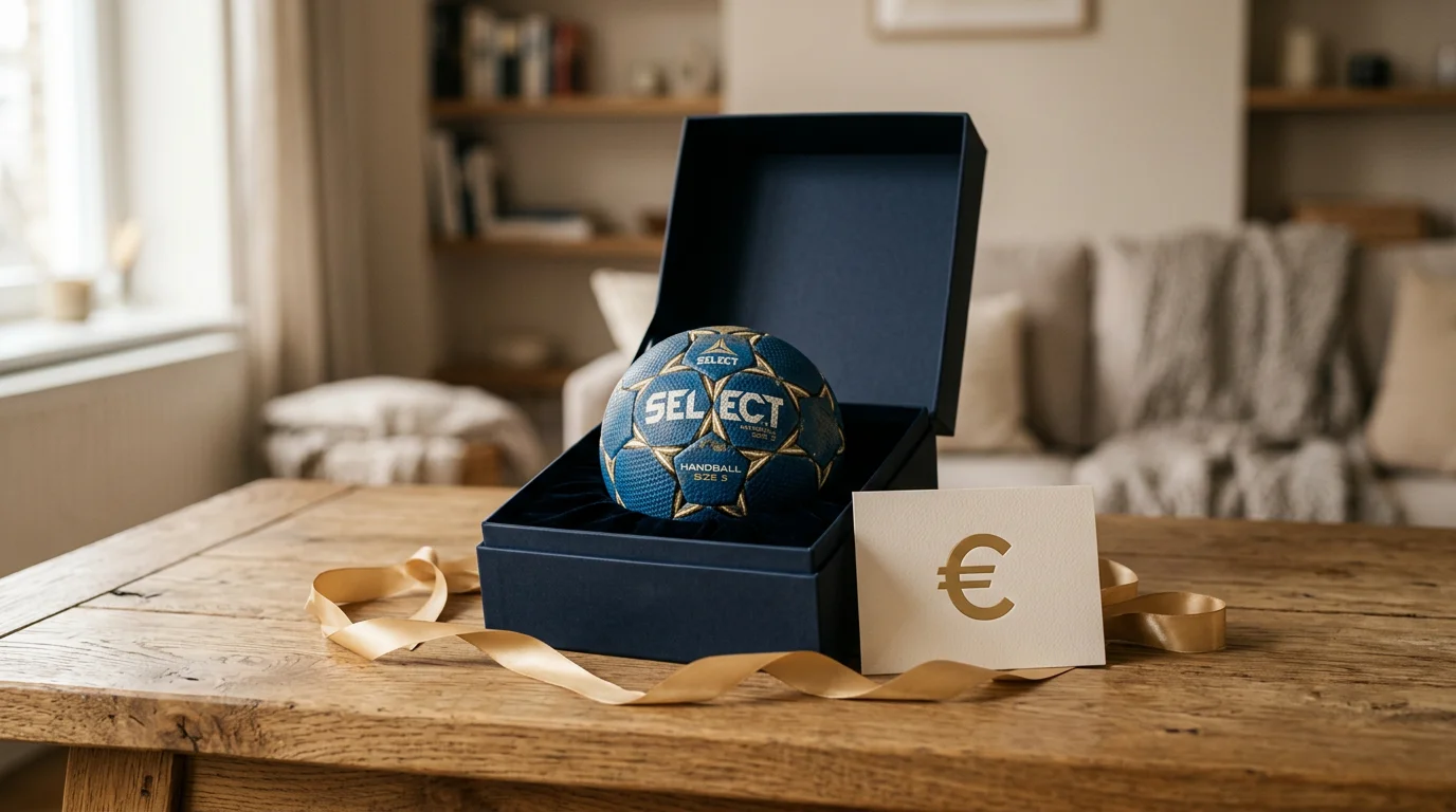 Geschenkbox mit Handball und symbolischem Bonuszeichen auf einem Tisch