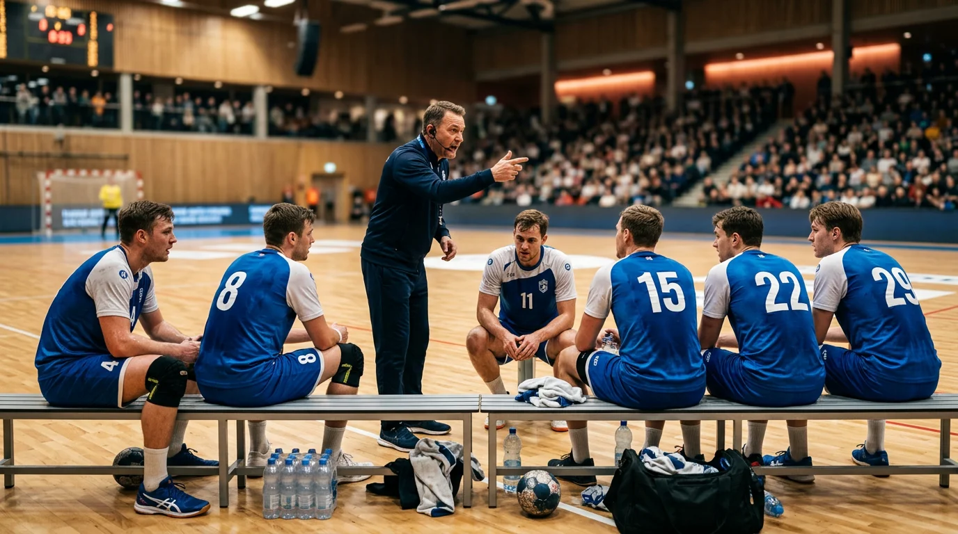 Handballmannschaft bespricht Taktik in einer Auszeit während eines Turnierspiels
