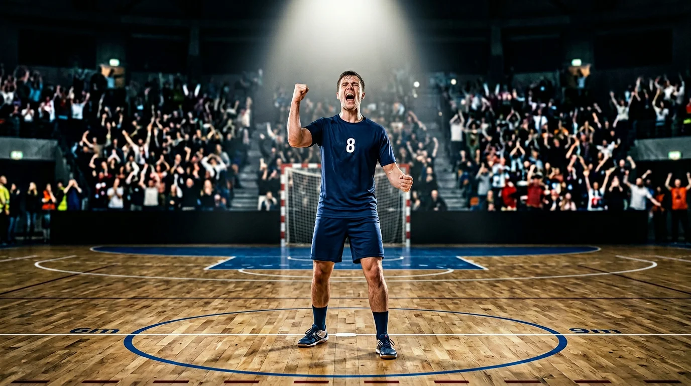 Handballspieler einer Außenseitermannschaft jubelt nach einem überraschenden Sieg