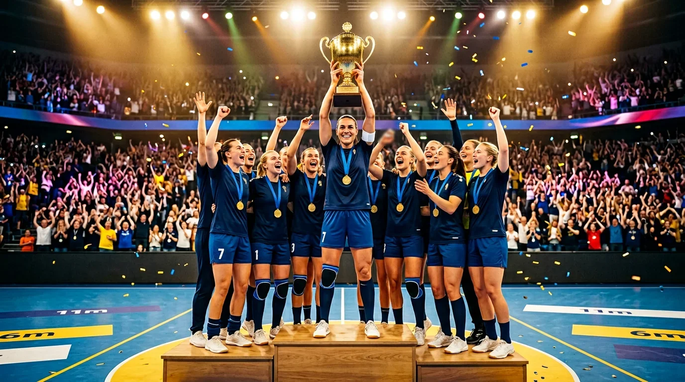 Handball-Mannschaft hebt den Pokal der Europameisterschaft in die Höhe