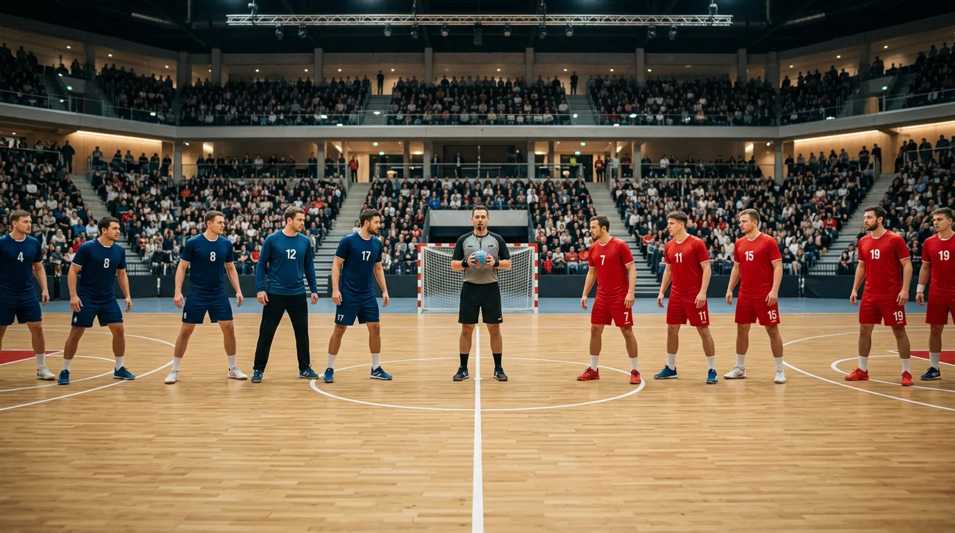 Zwei Handballmannschaften stehen sich in einer Gruppenphase gegenüber auf dem Spielfeld