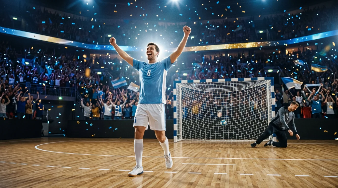 Handballspieler feiert ein Tor im Halbfinale vor jubelnden Zuschauern in der Arena