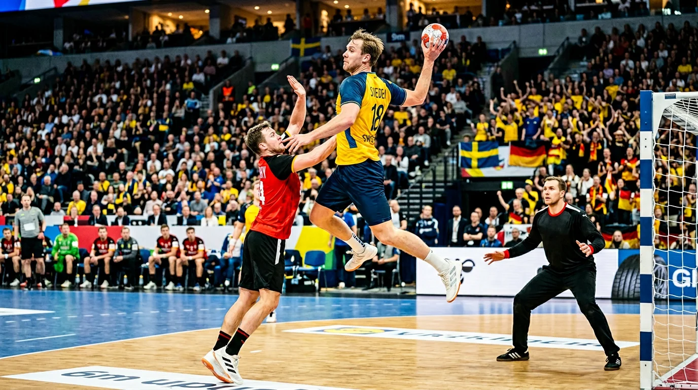Handballspieler wirft auf das Tor während eines EM-Spiels in einer voll besetzten Halle