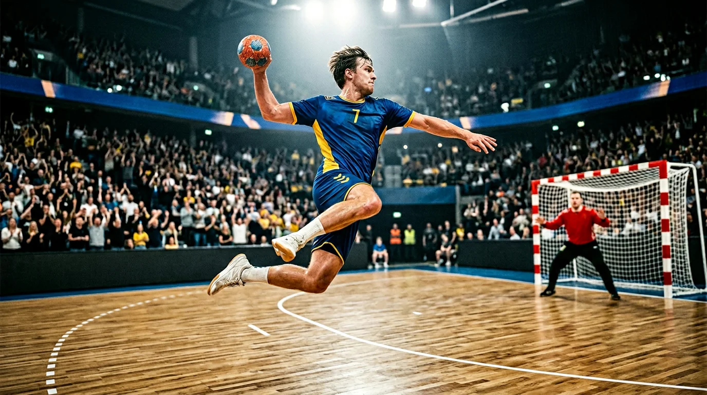 Handballspieler springt hoch und wirft den Ball mit voller Kraft auf das Tor