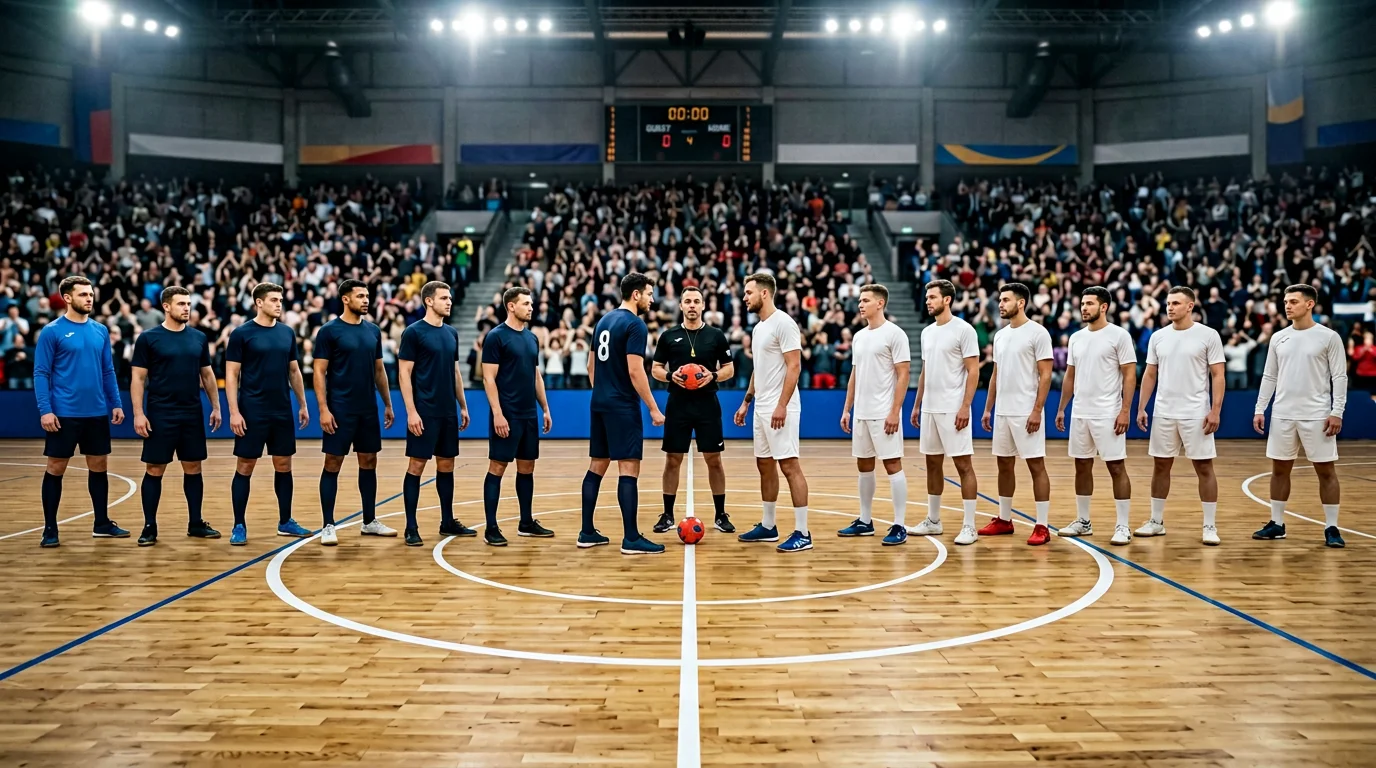 Zwei Handball-Mannschaften stehen sich vor dem Anwurf in einer Halle gegenüber