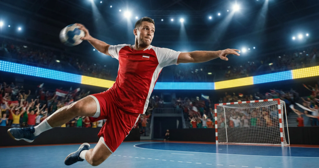 Handballspieler beim Torwurf in einer beleuchteten Arena während der Europameisterschaft