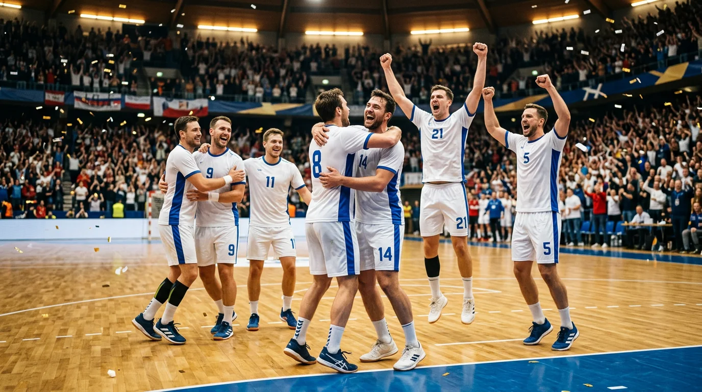 Handballmannschaft feiert einen Sieg auf dem Spielfeld nach einem Turnierspiel