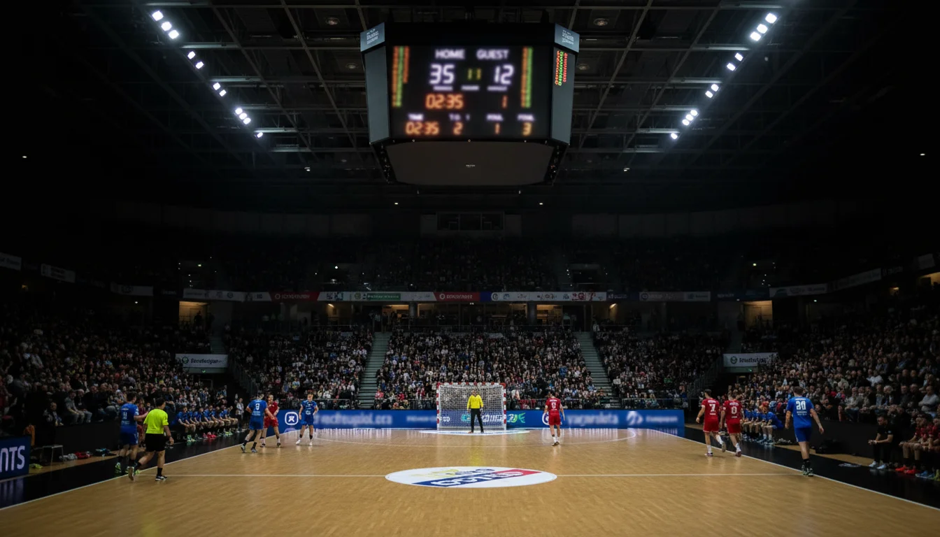 Handball-Anzeigetafel mit Torunterschied in einer Sporthalle während eines EM-Spiels