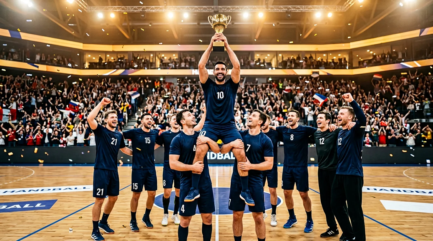 Handball-Mannschaft feiert Turniersieg mit Pokal auf dem Spielfeld