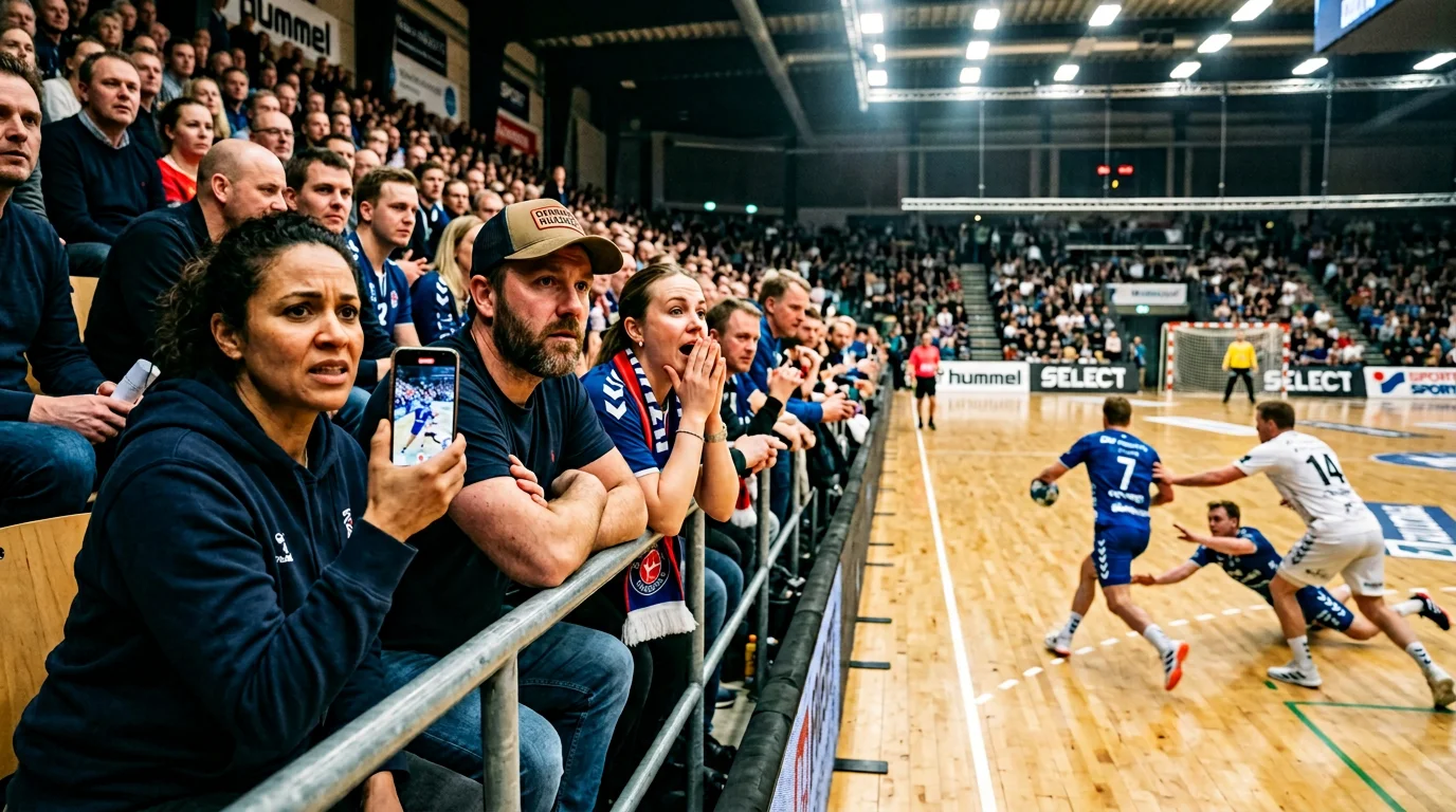 Spannende Handball-Spielszene mit Fans die gebannt das laufende Spiel verfolgen