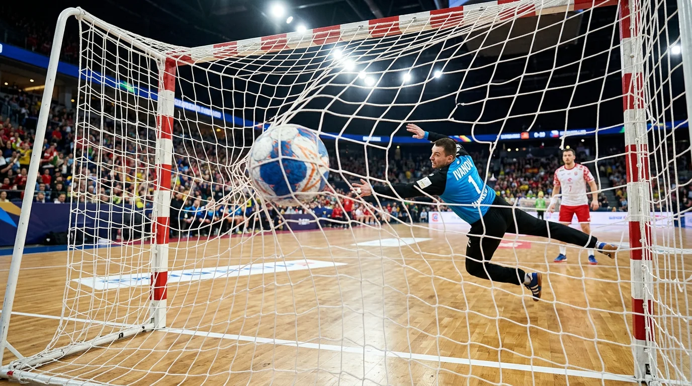 Handball fliegt ins Tornetz bei einem torreichen Spiel in einer vollen Arena