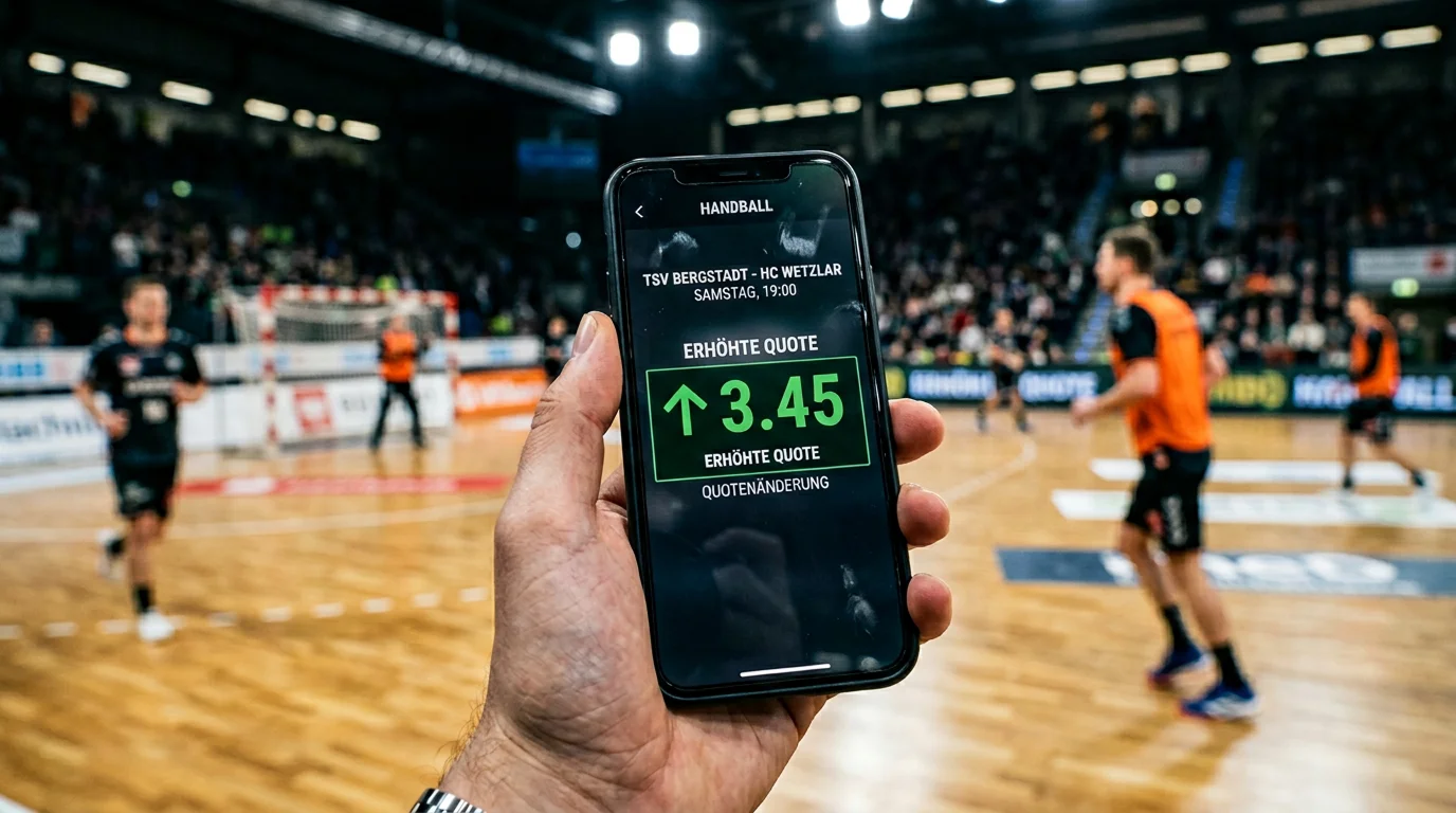 Aufwärtspfeil neben einer Handball-Quote symbolisiert einen Quotenboost