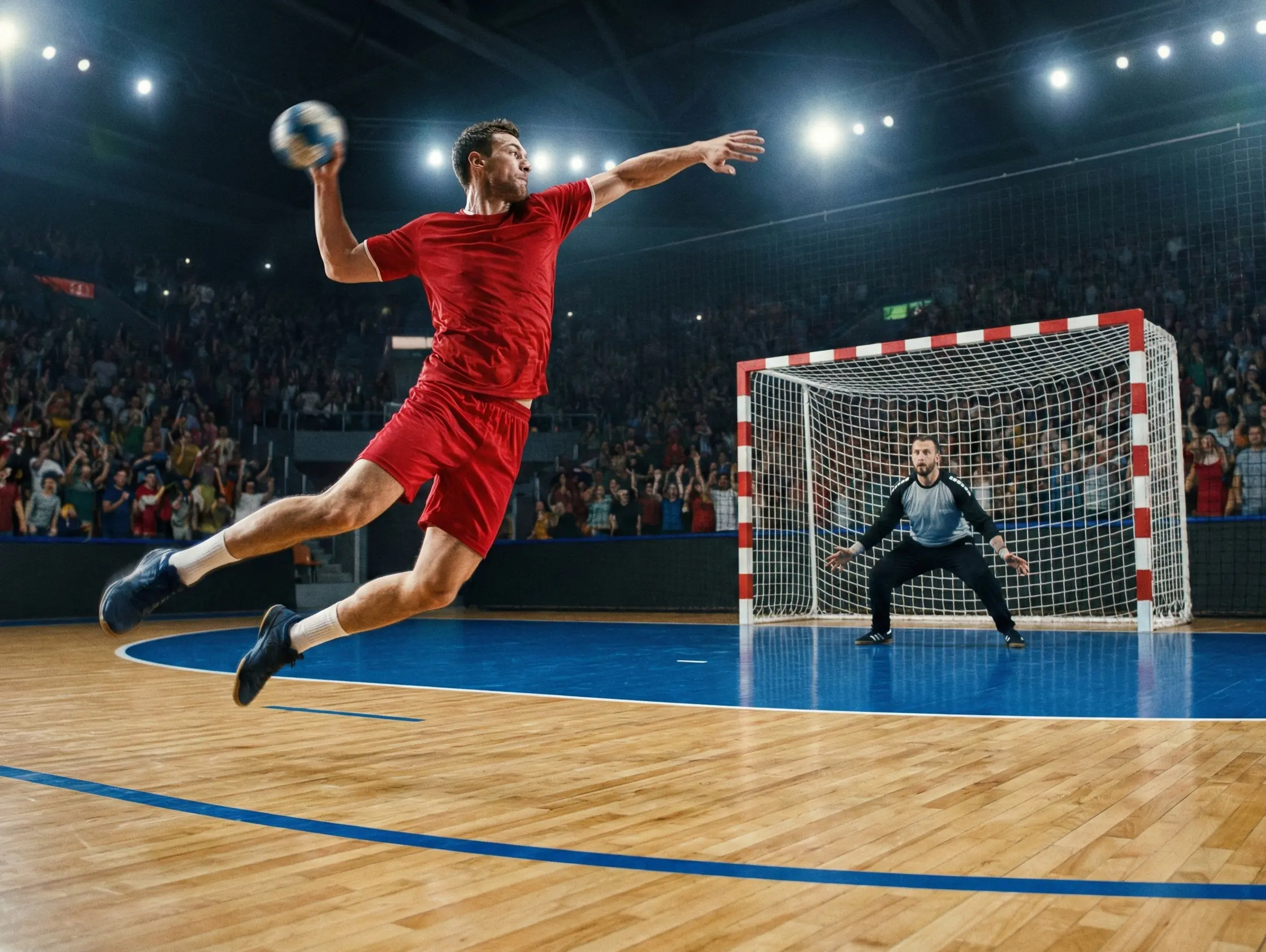 Handballspieler beim Sprungwurf auf das Tor