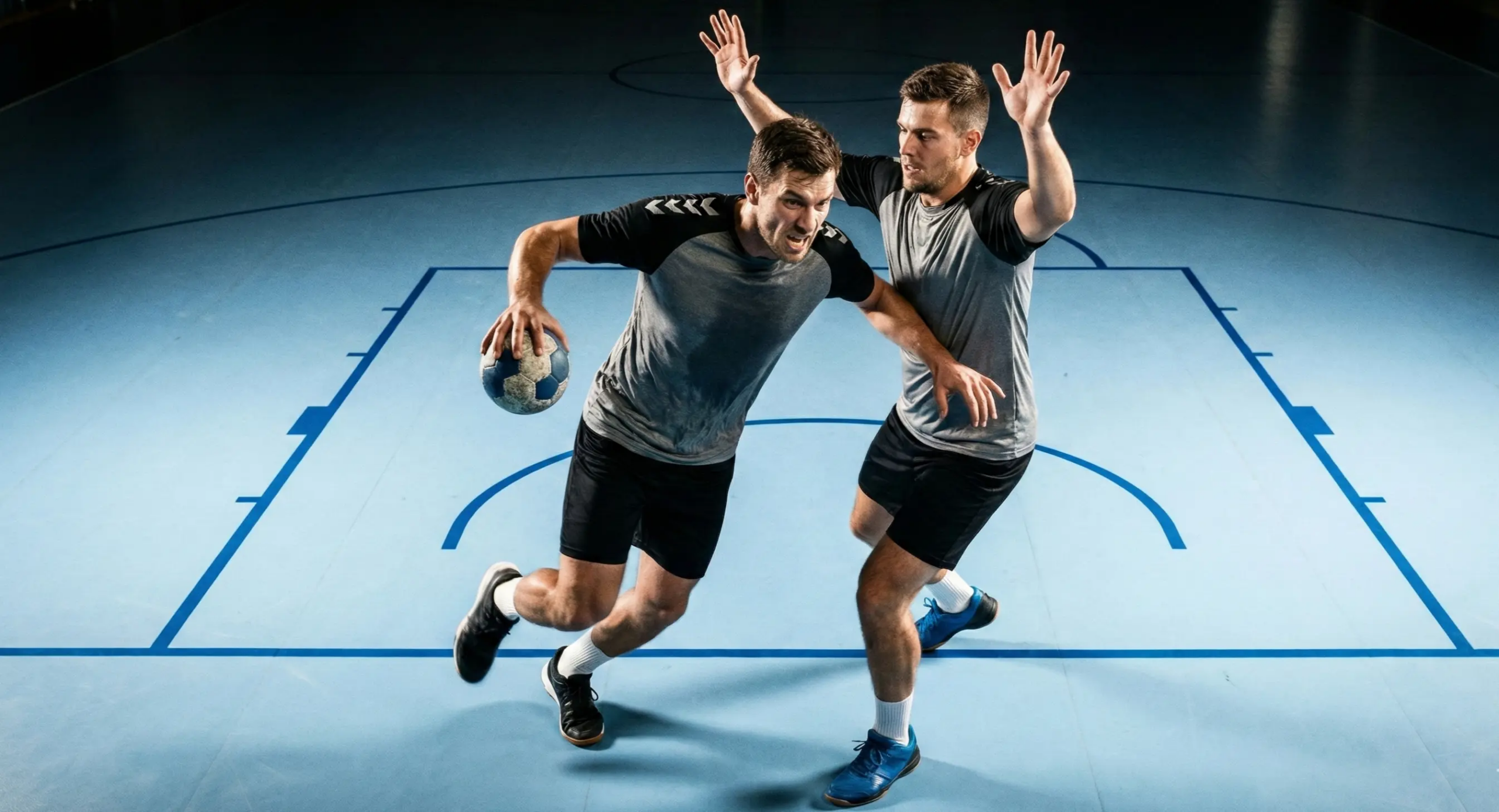 Intensive Handball-Spielszene mit Zweikampf