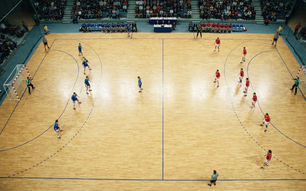 Handballfeld mit Spielern und taktischen Spielzügen aus der Vogelperspektive