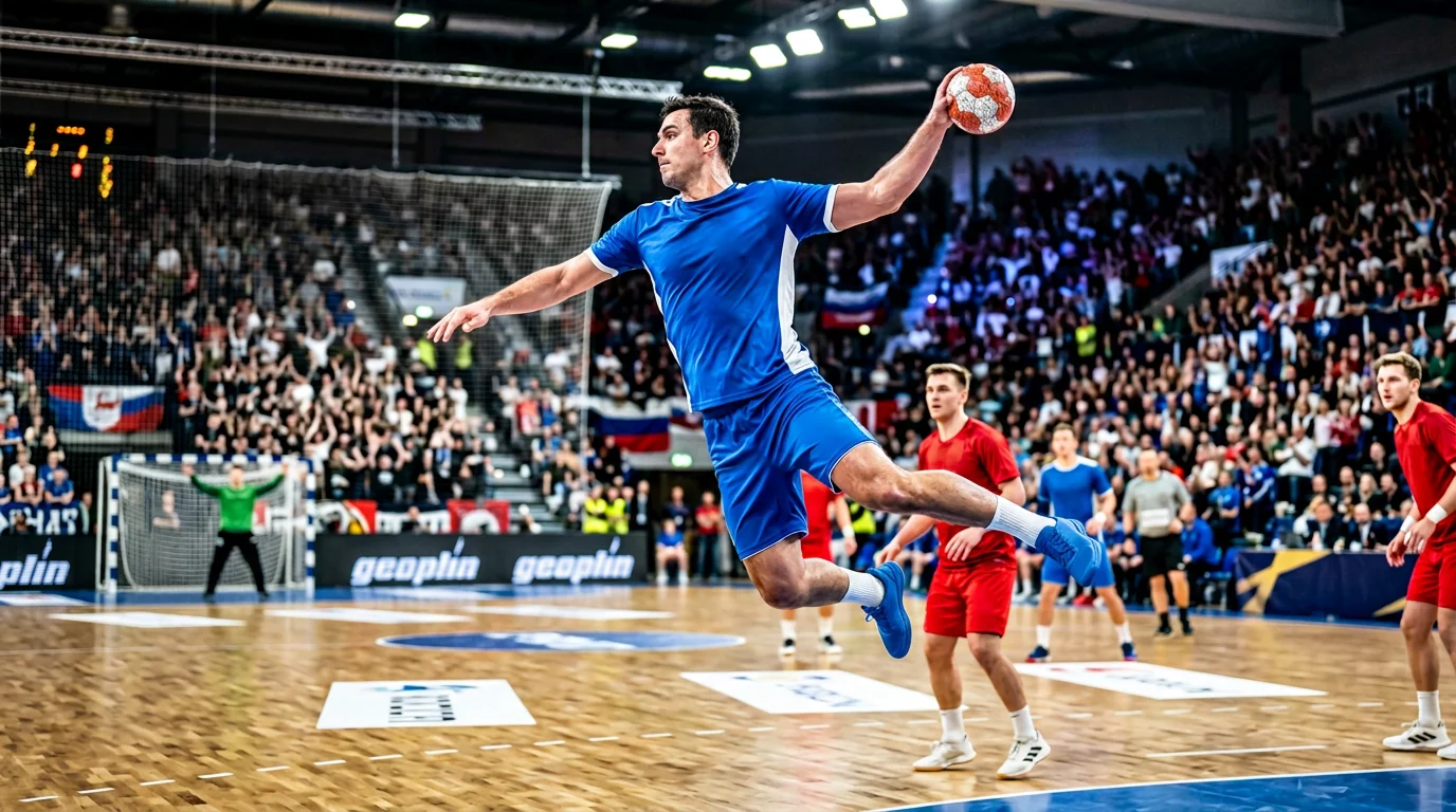 Handballspieler beim Torwurf in einer beleuchteten Arena während eines Turnierspiels