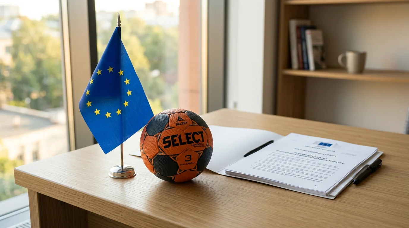 Europaflagge neben einem Handball auf einem Schreibtisch mit Dokumenten