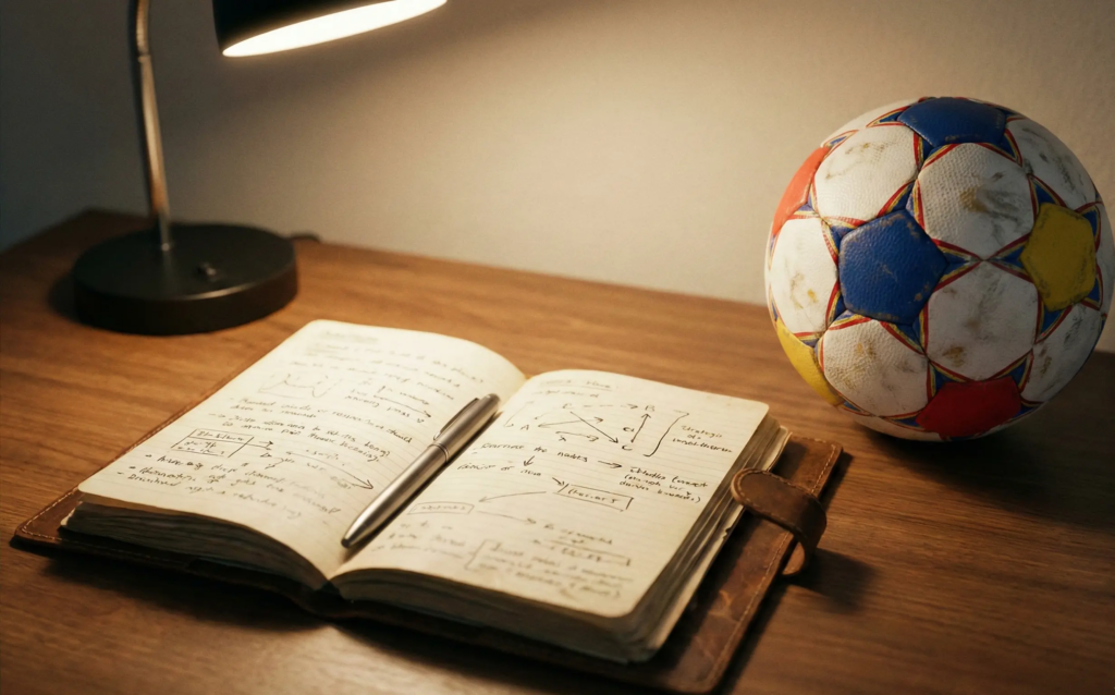 Notizbuch mit Wettstrategie-Notizen neben einem Handball auf dem Schreibtisch