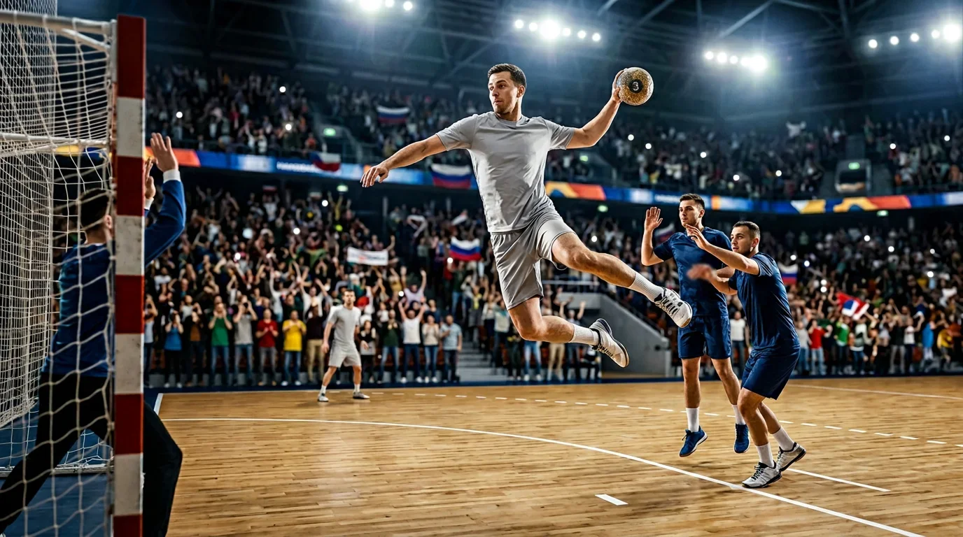 Handballspieler im Sprungwurf vor einer vollen Arena bei der Europameisterschaft