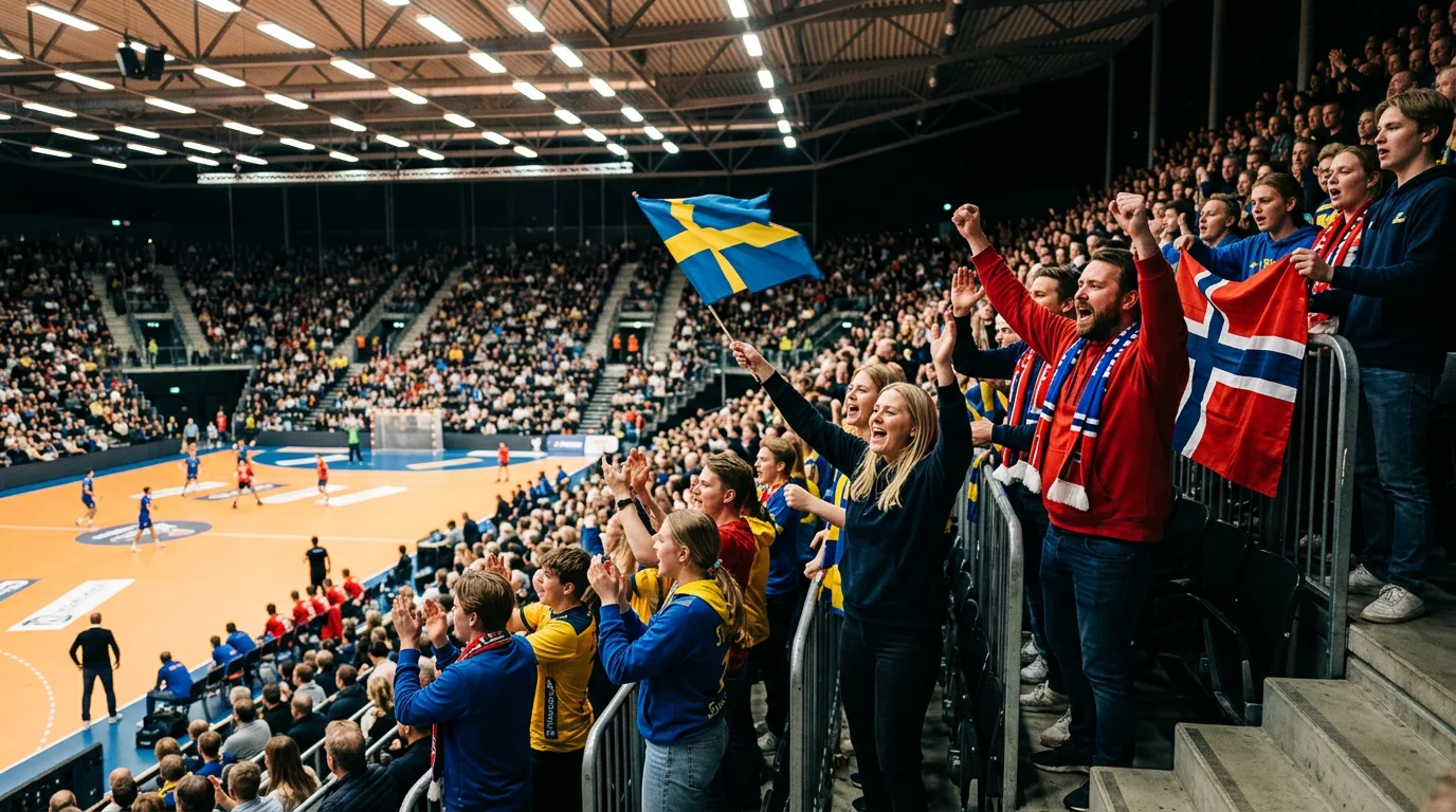 Begeisterte Handballfans mit Landesflaggen feuern ihr Team in einer skandinavischen Arena an