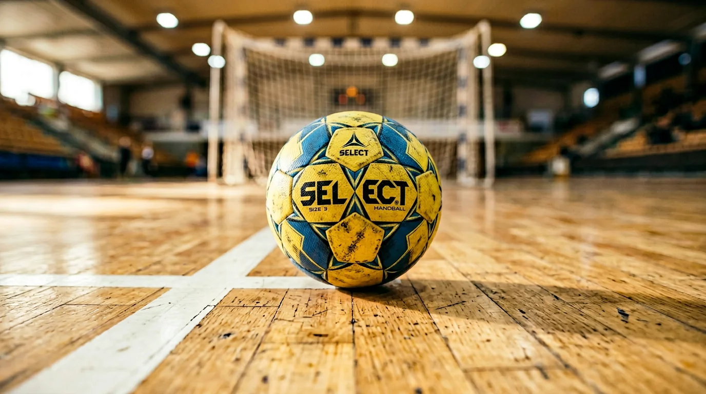 Nahaufnahme eines Handballs auf dem Hallenboden mit Spielfeld-Linien im Hintergrund